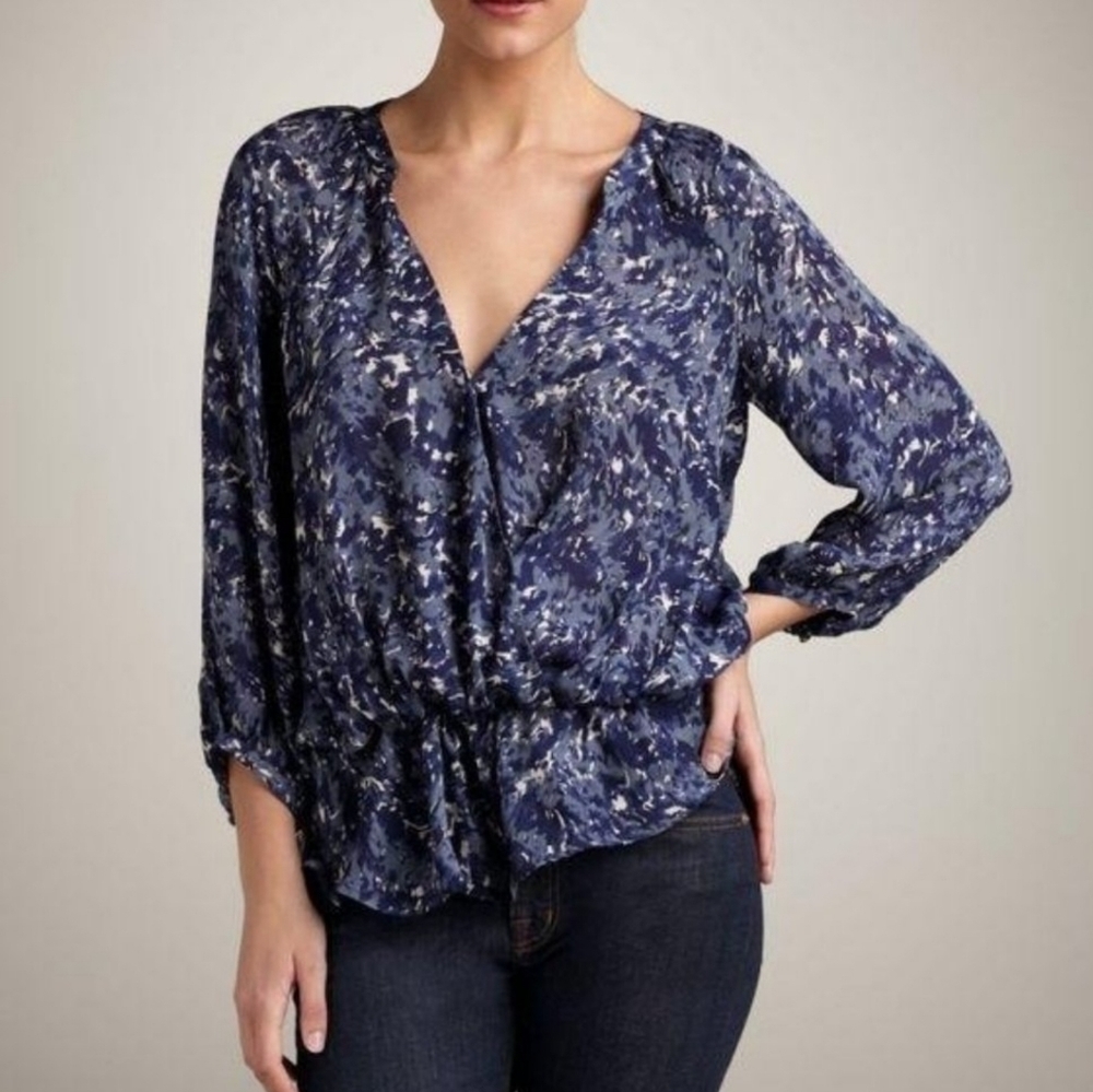 JOIE Vivette Wrap Silk Black Blue Long Sleeve Blouse